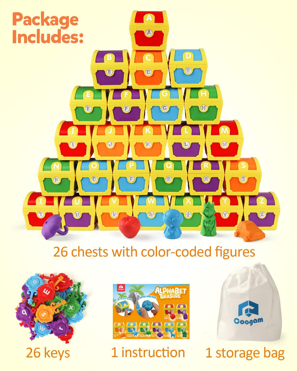 Coogam treasure boxes reveal items that reinforce letter-based learning.