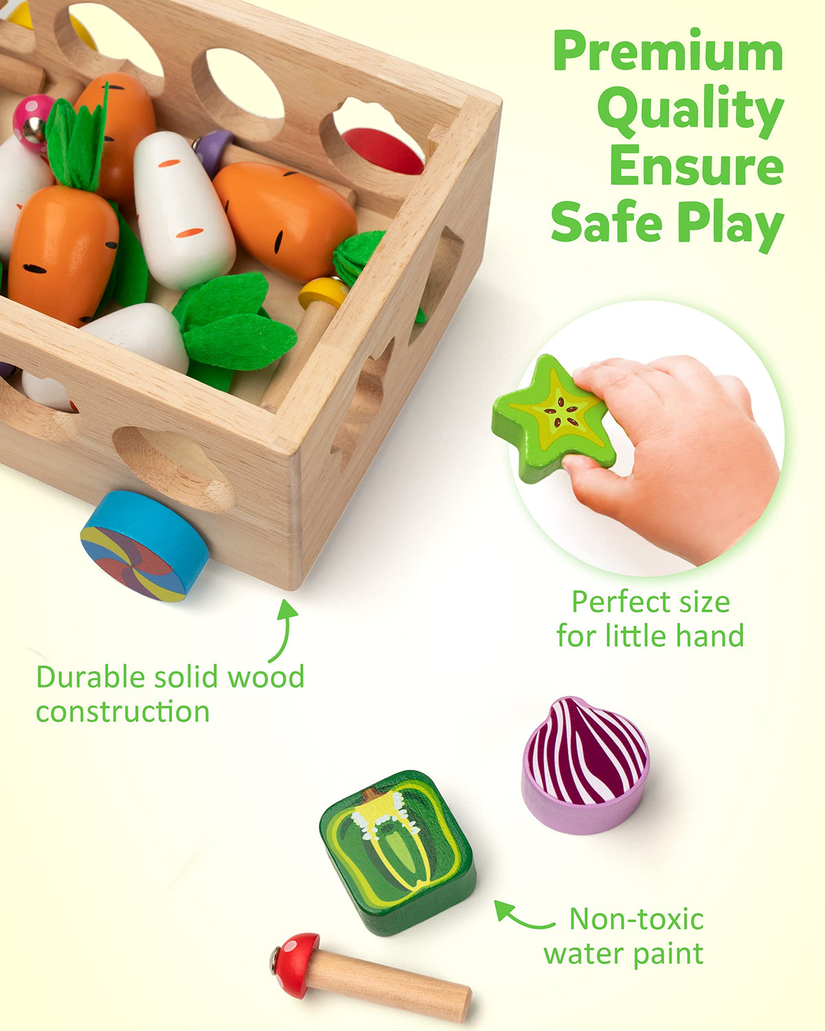 Coogam varied-size carrots support hand-eye coordination during pretend play.