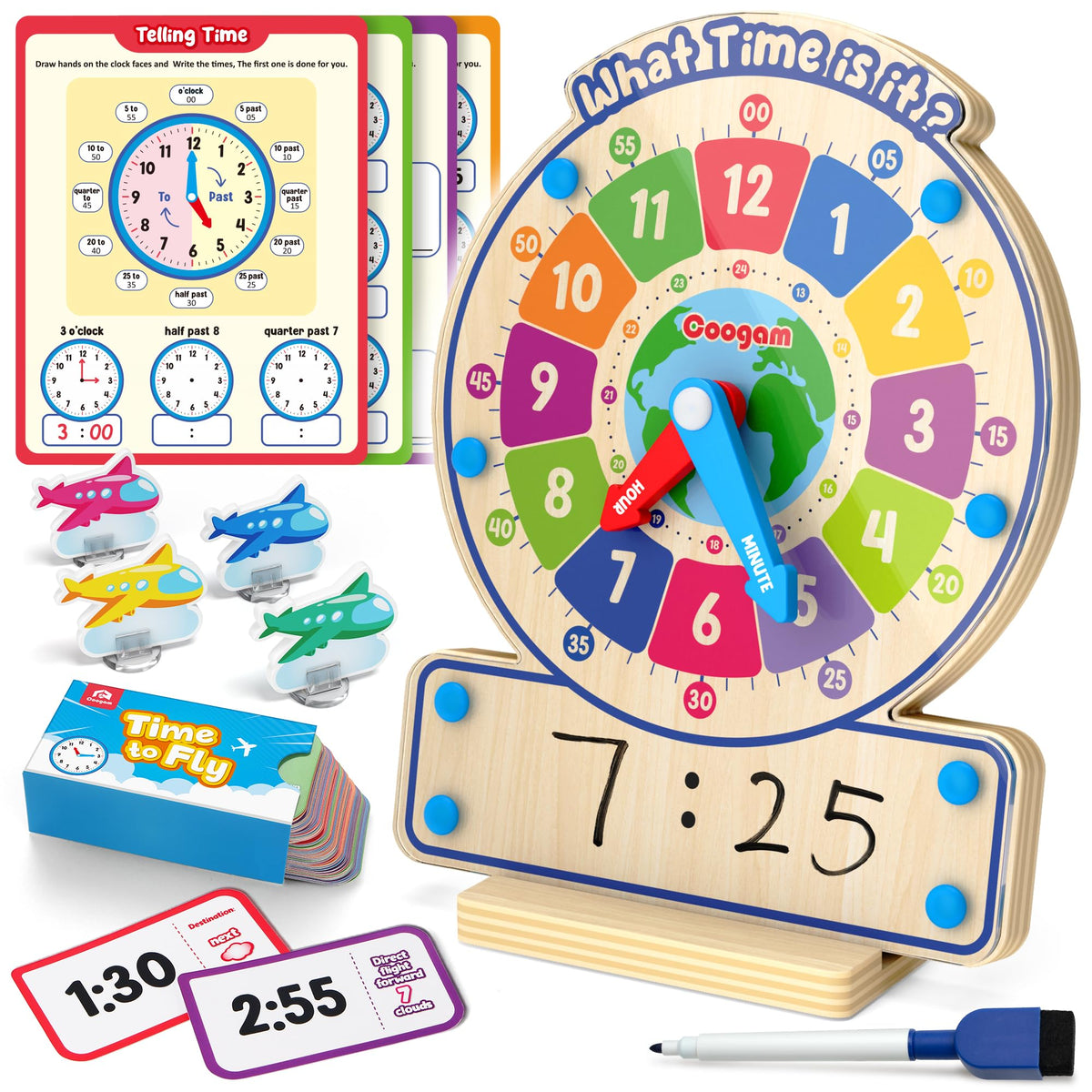 Coogam wooden clock teaches time with rotating hands for analog and digital practice.