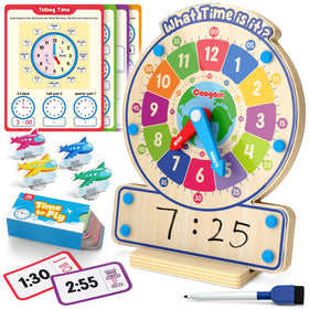 Coogam wooden clock teaches time with rotating hands for analog and digital practice.