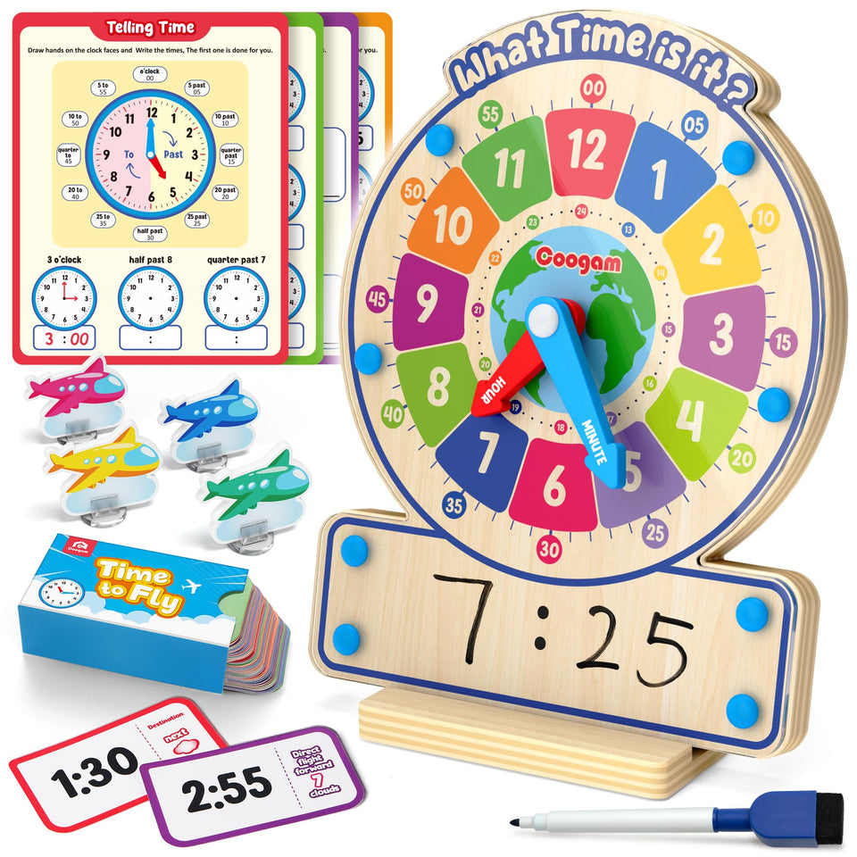 Coogam wooden clock teaches time with rotating hands for analog and digital practice.