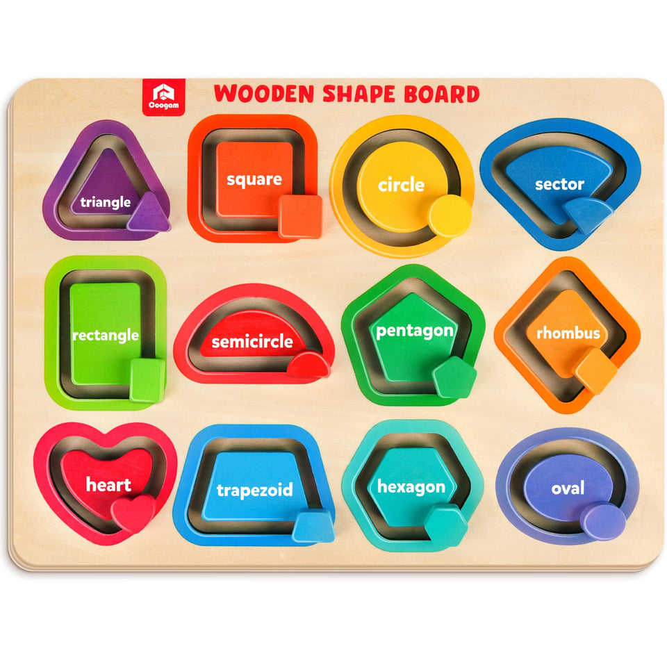 Coogam wooden color shape puzzle board in full view promotes early shape and color recognition.