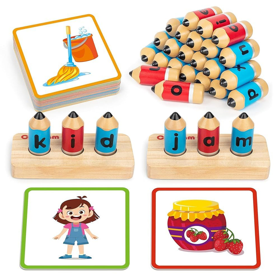 Coogam wooden CVC flashcards with pictures for early reading and spelling practice.