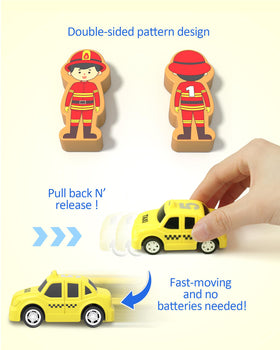 Coogam wooden figures engage kids in building and imaginative role-play with buildings.