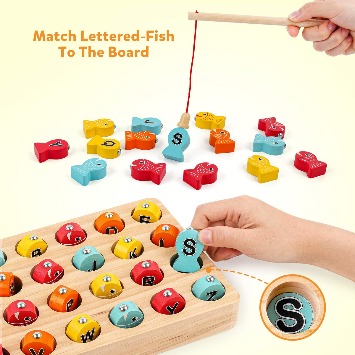 Coogam wooden fish with 26 pieces helps ABC awareness and color learning.