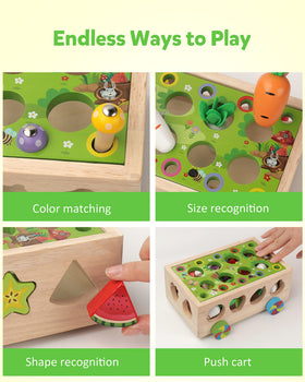 Coogam wooden fruits and vegetables set with bright shapes for color and shape recognition.