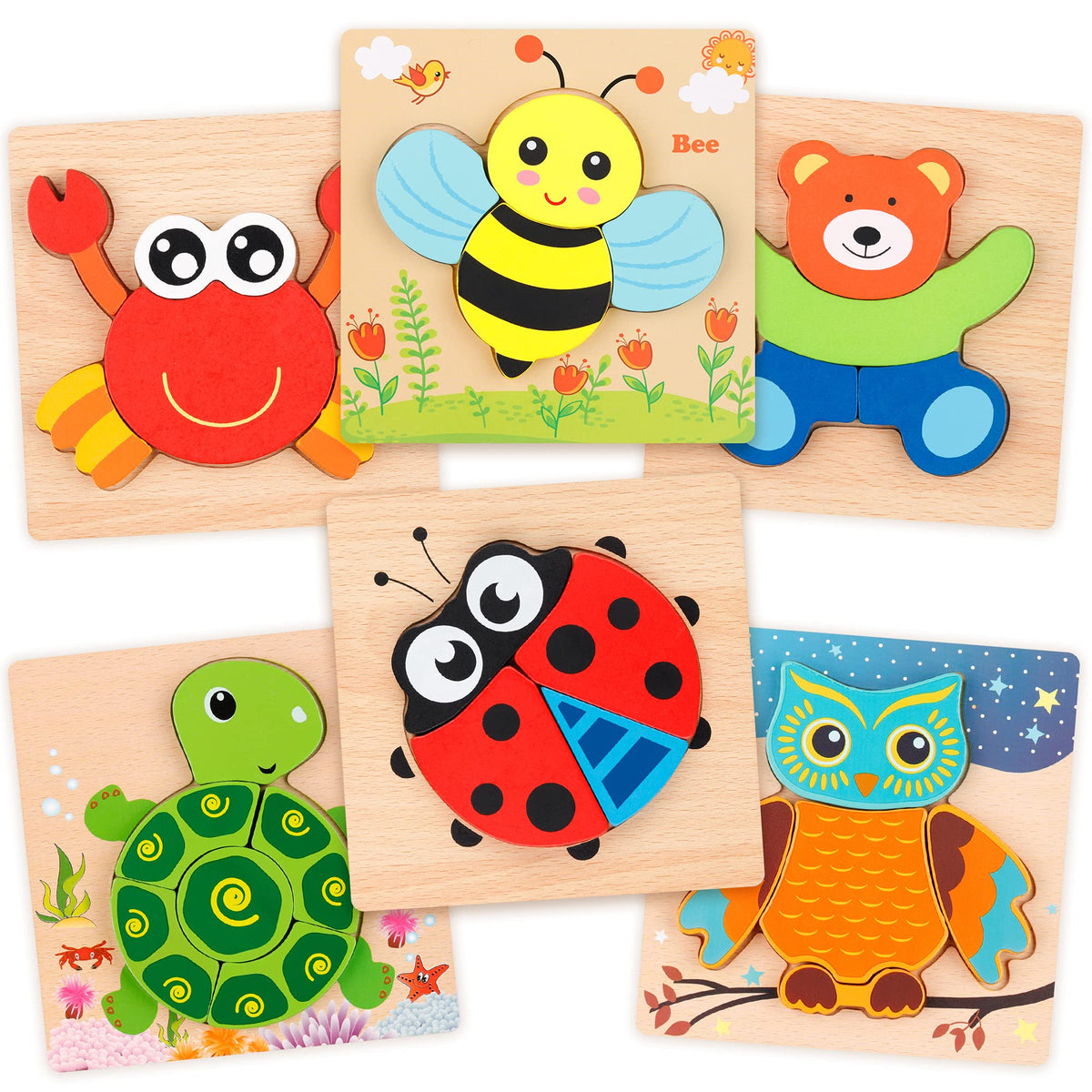 Coogam wooden jigsaw puzzle set with animal shapes for color and shape learning.
