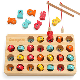 Coogam wooden magnetic fishing game poles aid early motor coordination.