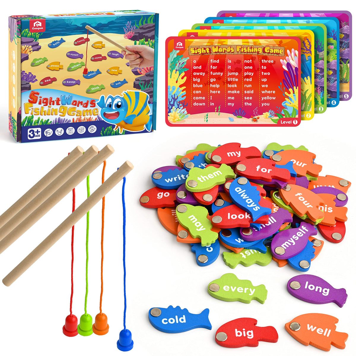 Coogam wooden magnetic fishing rods set for durable travel play.