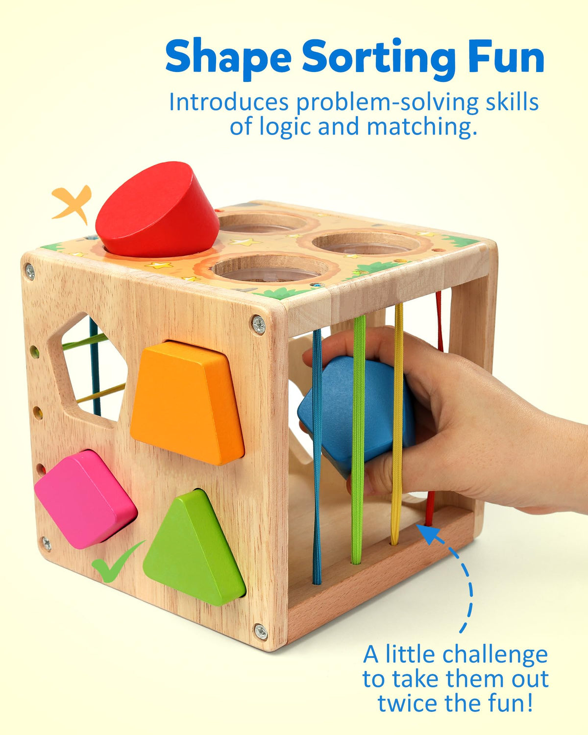 Coogam wooden Montessori shape sorter cube side-slots demonstrate color and shape matching for motor growth