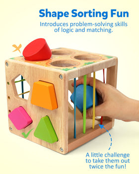 Coogam wooden Montessori shape sorter cube side-slots demonstrate color and shape matching for motor growth