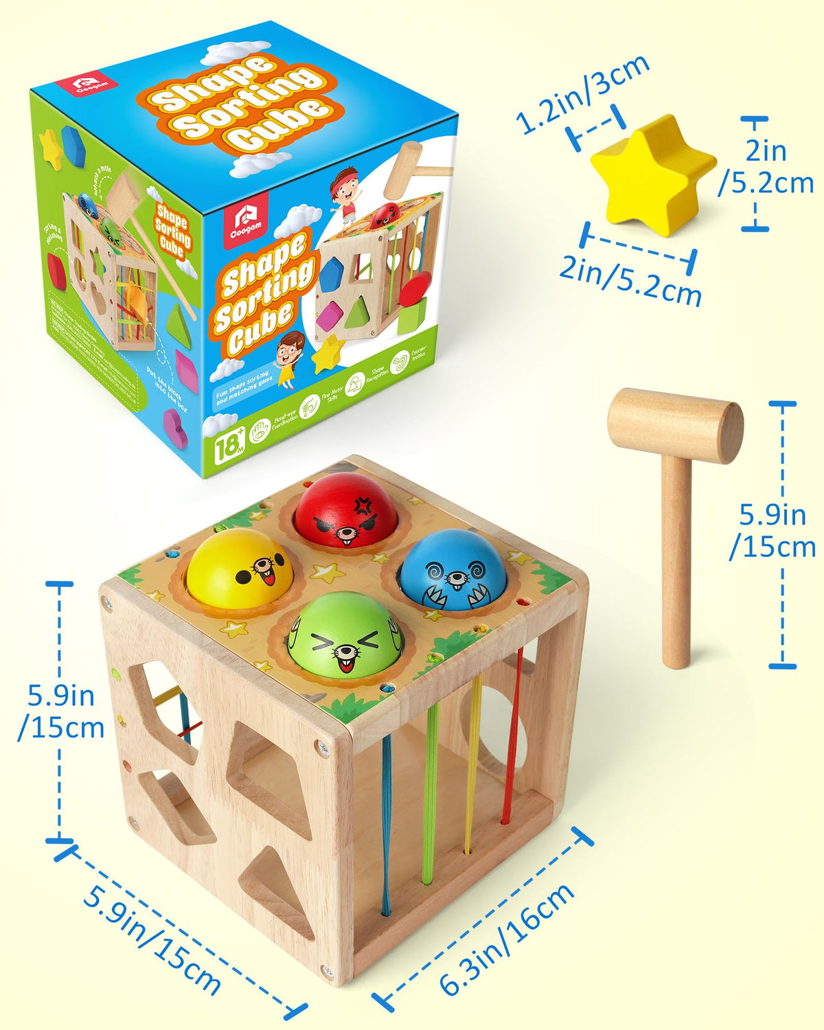 Coogam wooden Montessori shape sorter cube smooth finish supports safe, gentle exploration