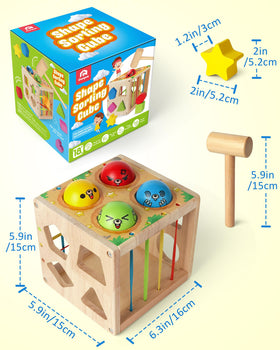 Coogam wooden Montessori shape sorter cube smooth finish supports safe, gentle exploration