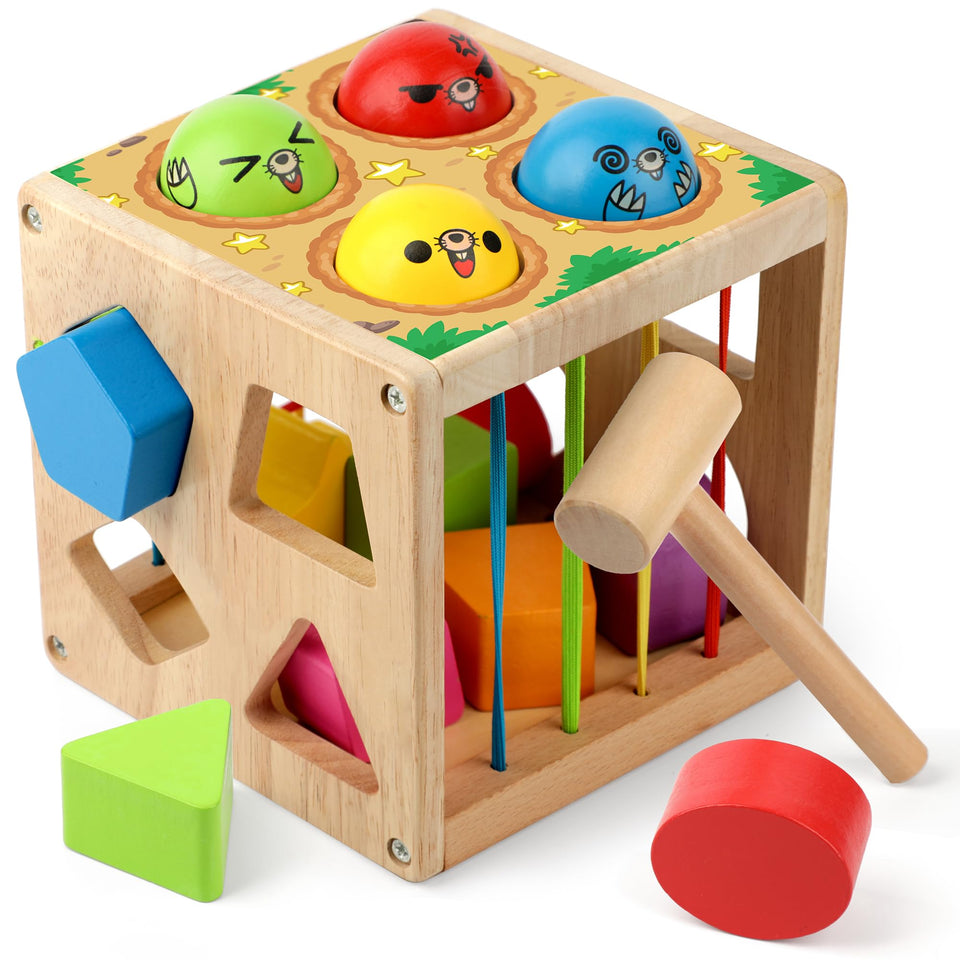Coogam wooden Montessori shape sorter cube top view shows colorful shapes for early spatial awareness
