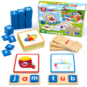 Coogam wooden letter blocks on a table for early reading practice