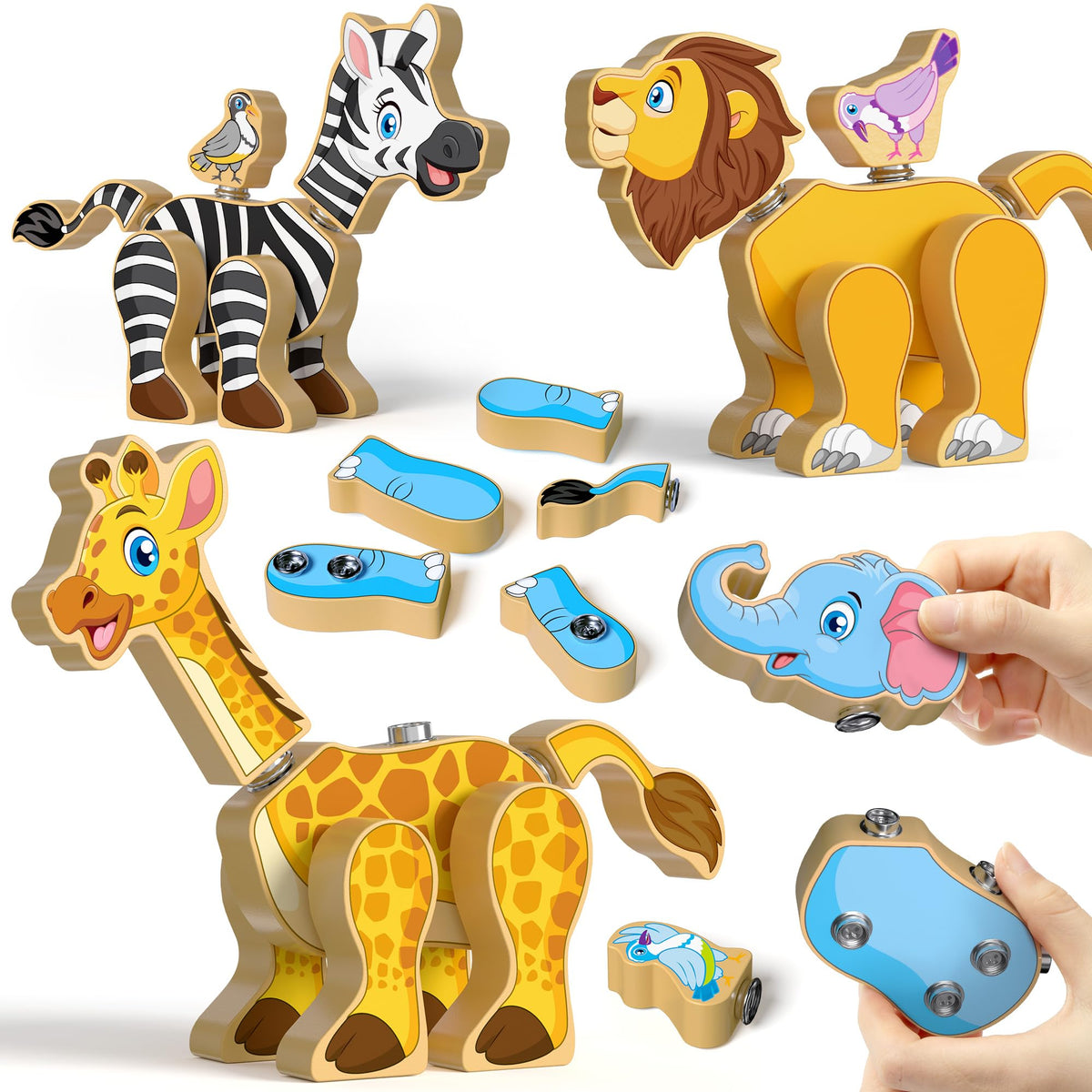 Coogam wooden snap elephant head for imaginative building and fine motor play