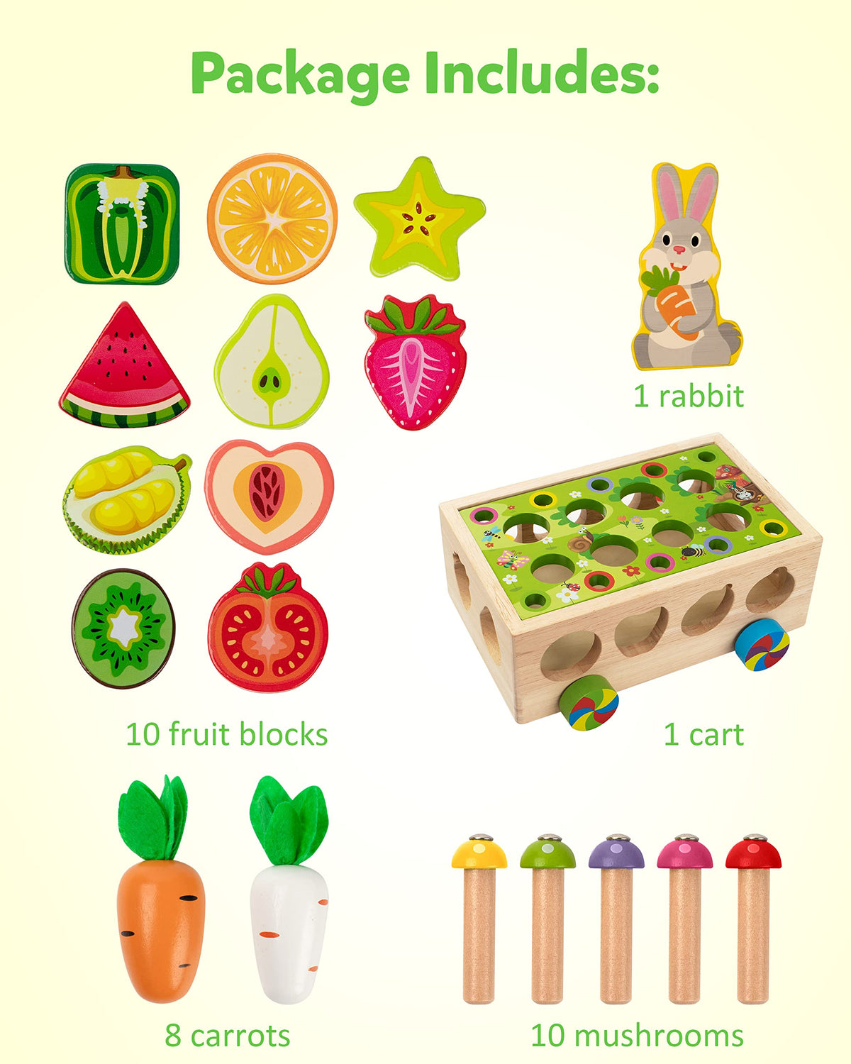 Coogam wooden wagon provides storage for all pieces after play.