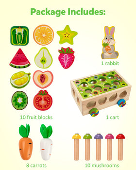 Coogam wooden wagon provides storage for all pieces after play.
