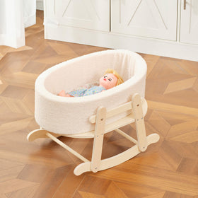Cookie Bunny wooden bassinet base and boucle fabric showcase cozy doll resting space.