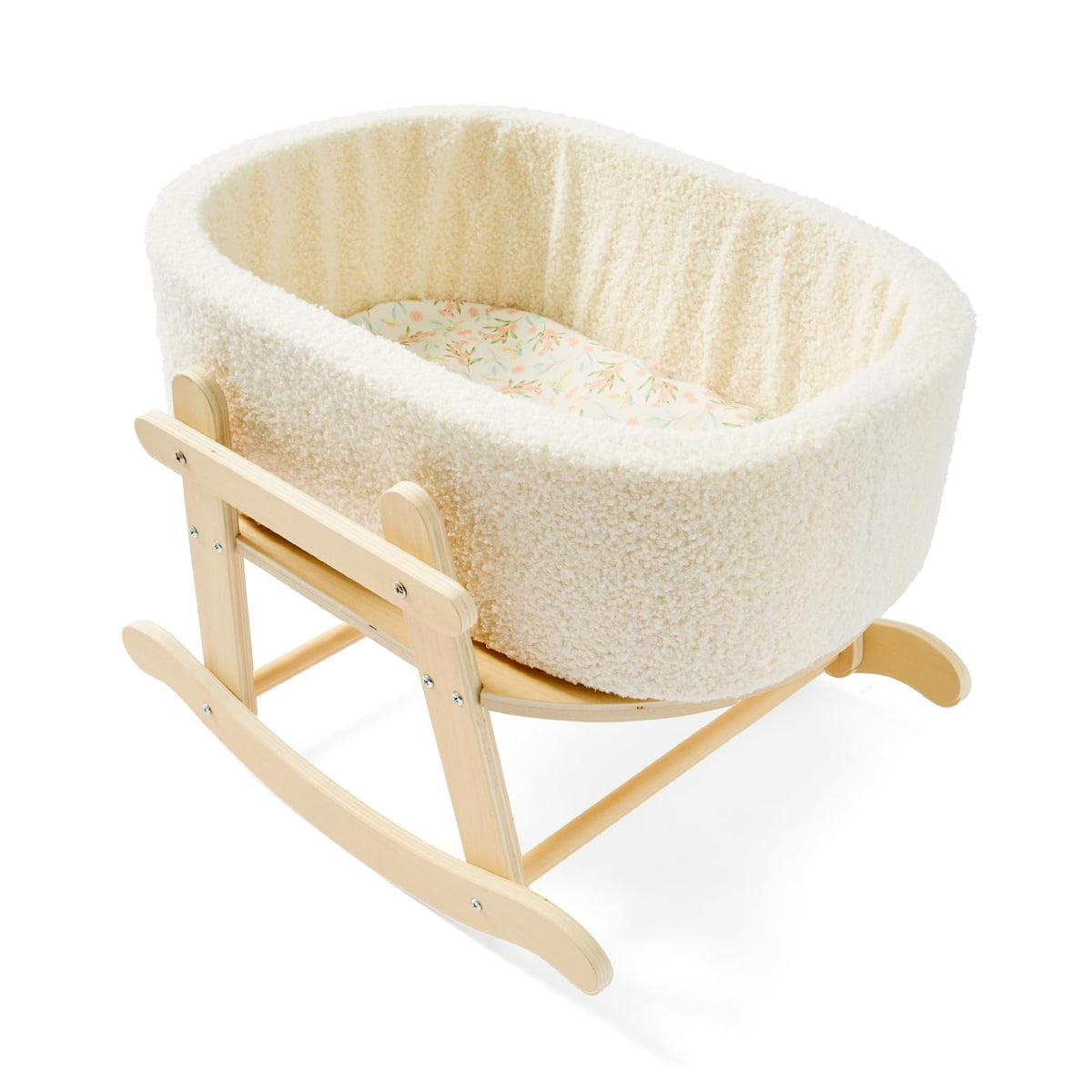 Cookie Bunny wooden bassinet side view highlights stable base for imaginative play.