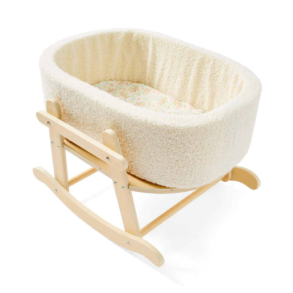 Cookie Bunny wooden bassinet side view highlights stable base for imaginative play.