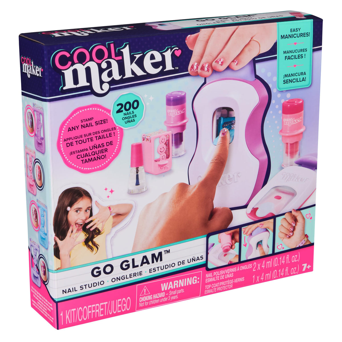 Cool Maker GO GLAM packaging contents include stamper, mask, cartridges, and guide.