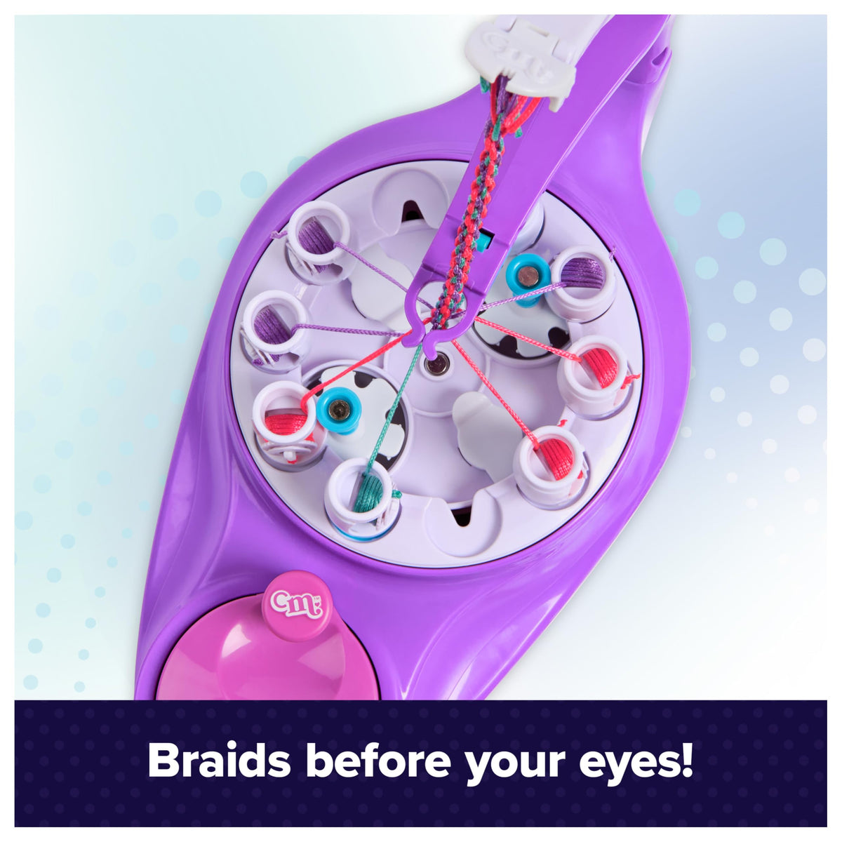 Beads slide onto the braid as the machine spins, creating a neat woven cord.