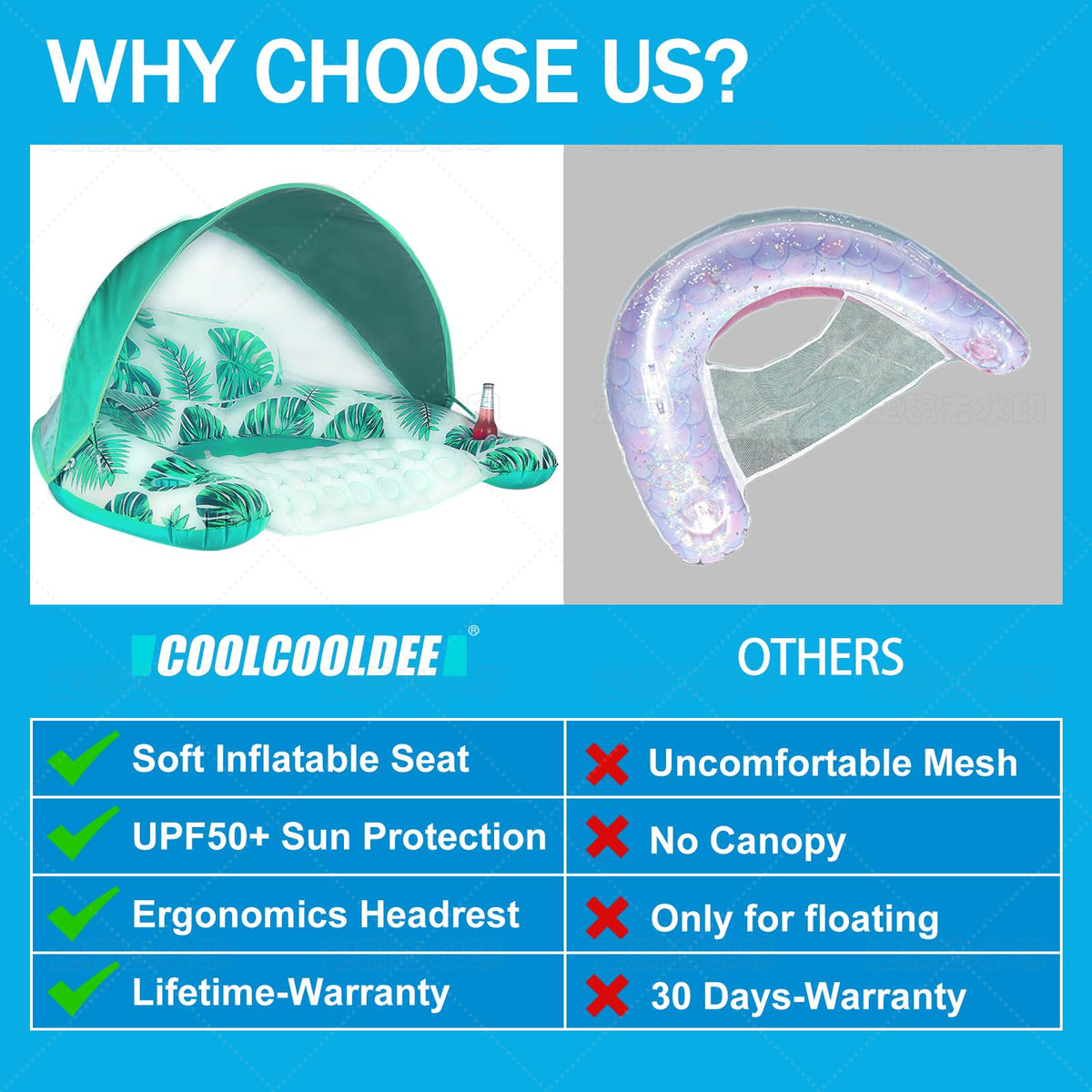 COOLCOOLDEE float with breathable canopy mesh and UPF50+ sun protection.
