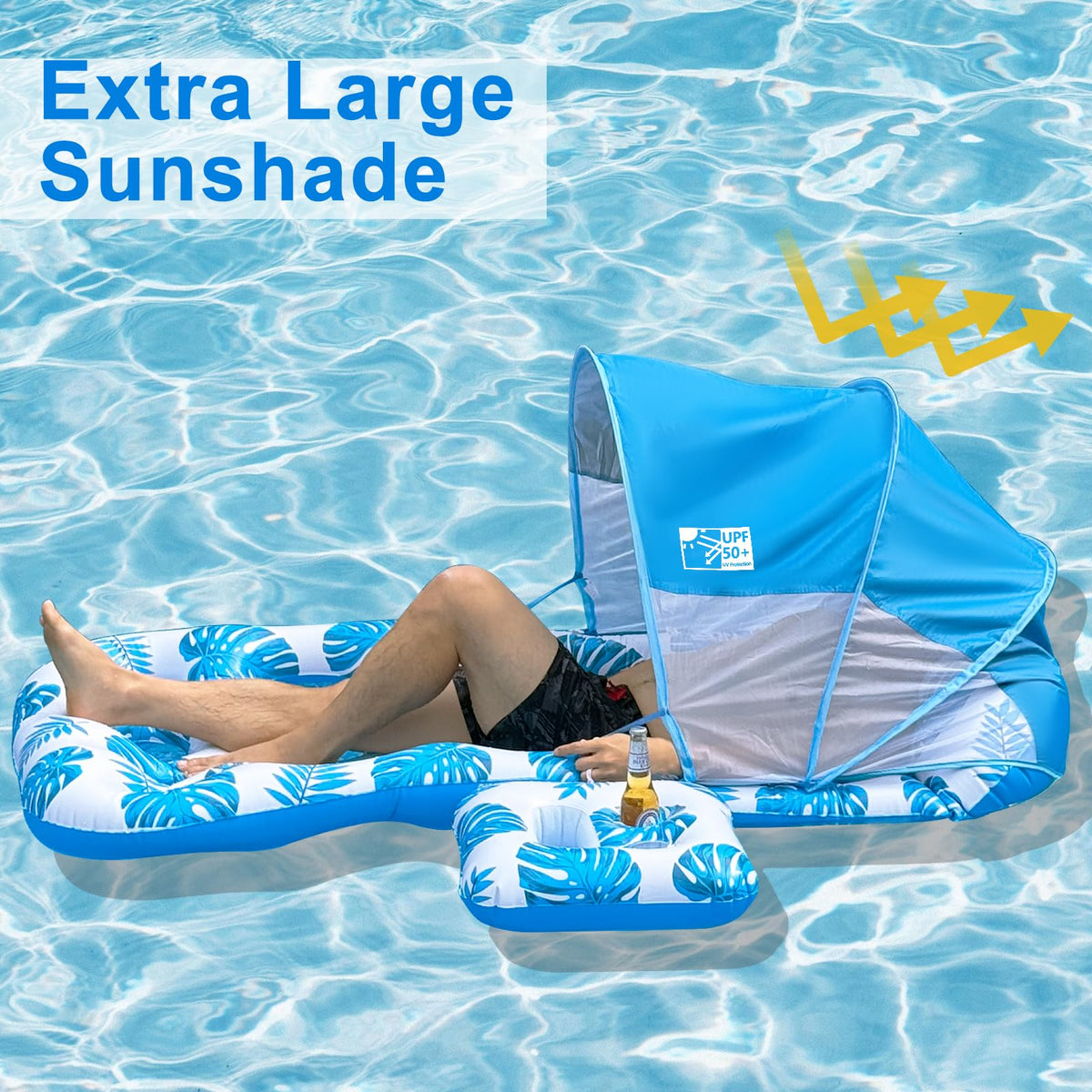 Coolcooldee extra-large lounger with headrest for comfortable water relaxation.