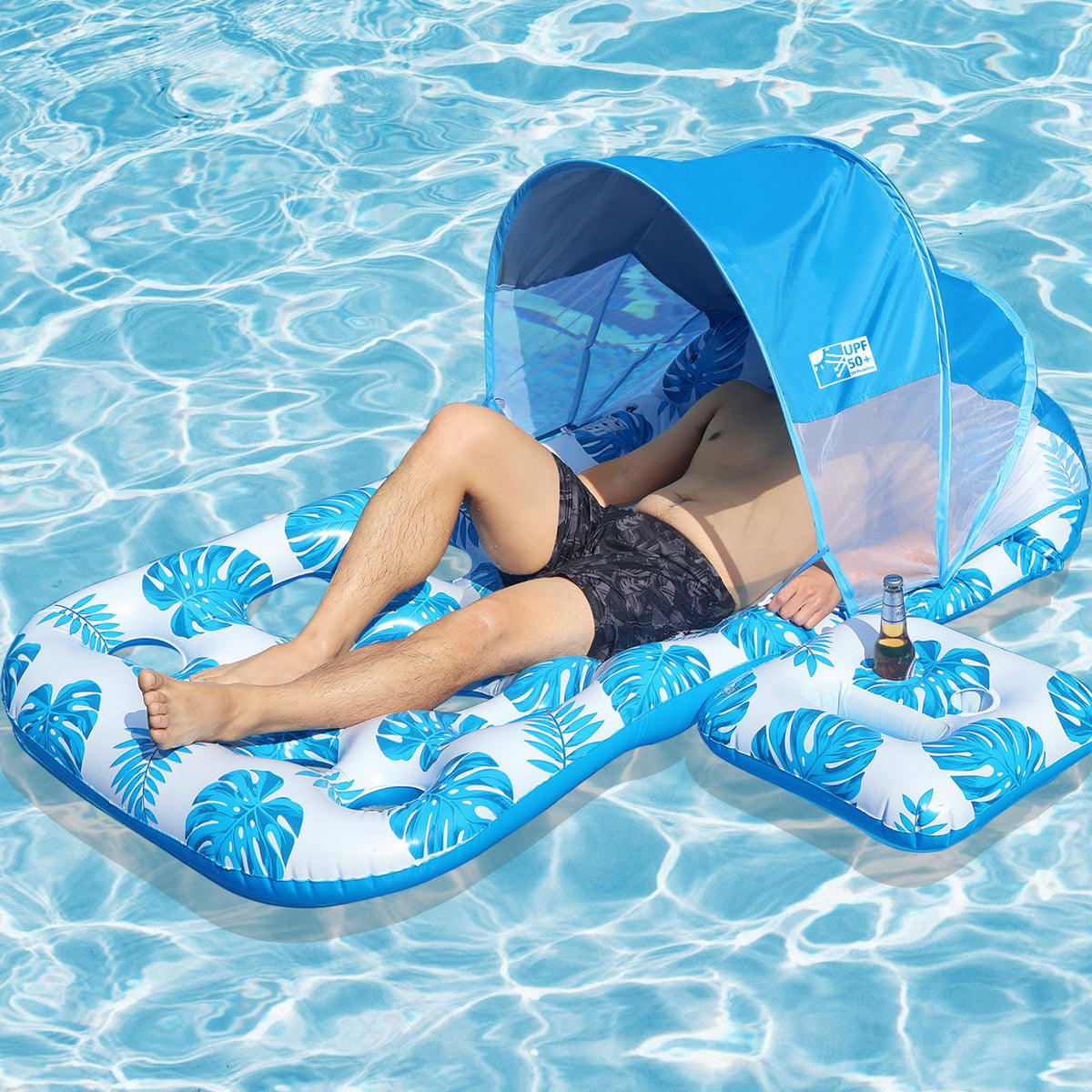 Coolcooldee inflatable pool float with UPF50+ canopy for shaded lounging.