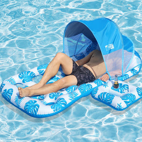 Coolcooldee inflatable pool float with UPF50+ canopy for shaded lounging.