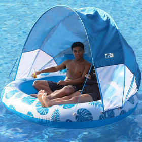 COOLCOOLDEE inflatable pool float with canopy provides shade and UPF protection.