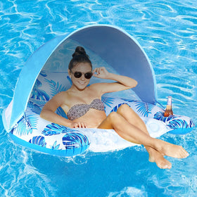 COOLCOOLDEE pool float with canopy provides shaded cooling while lounging on water.