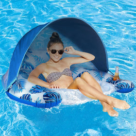 CoolCoolDee pool float with canopy for shade and cooling on sunny days.