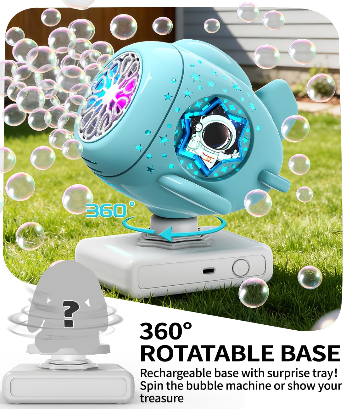 Cooldele Bubble Machine detachable display stand adds versatility for toy displays or figurines.