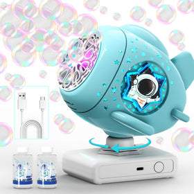 Cooldele Bubble Machine spaceship with LED lights creates magical backyard ambiance for parties and celebrations.