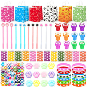 Coosilion 122-piece paw print favors close-up with vibrant colors for party excitement.