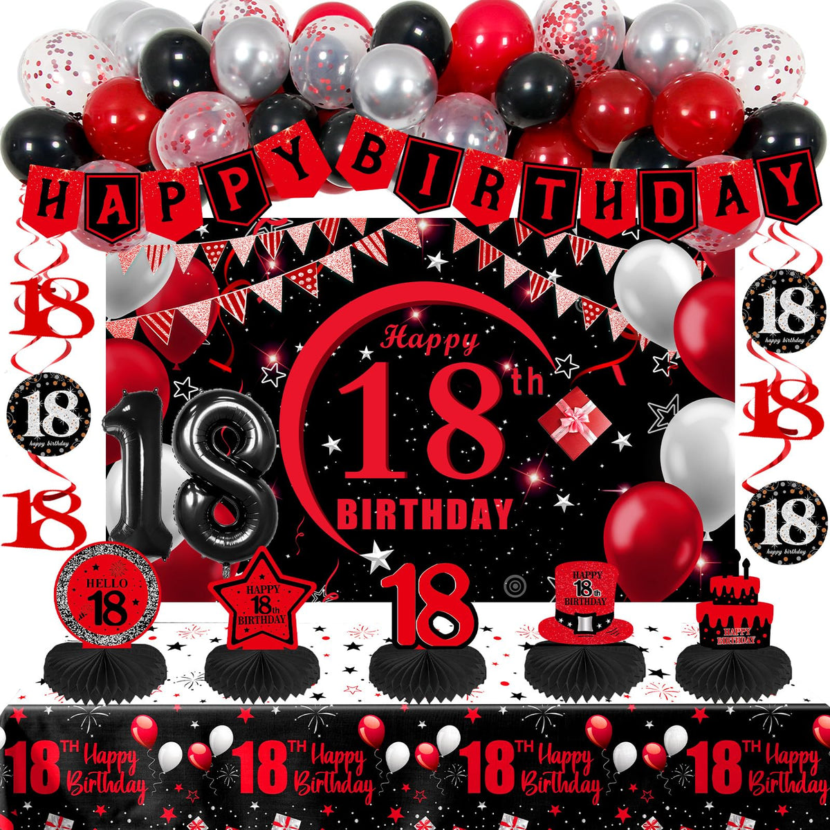 Coosilion Happy 18th birthday banner in red and black for milestone celebrations