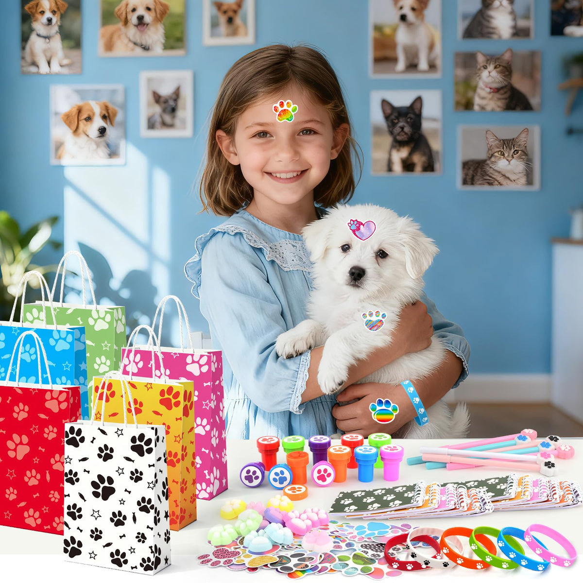 Paw print stickers decorating laptops, backpacks, and more embellishments.