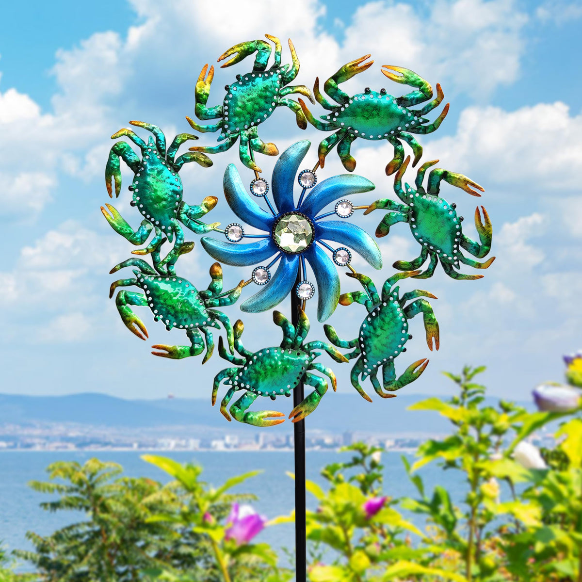 COOZZYHOUR crab wind spinner metal artwork sparkling in sunlight