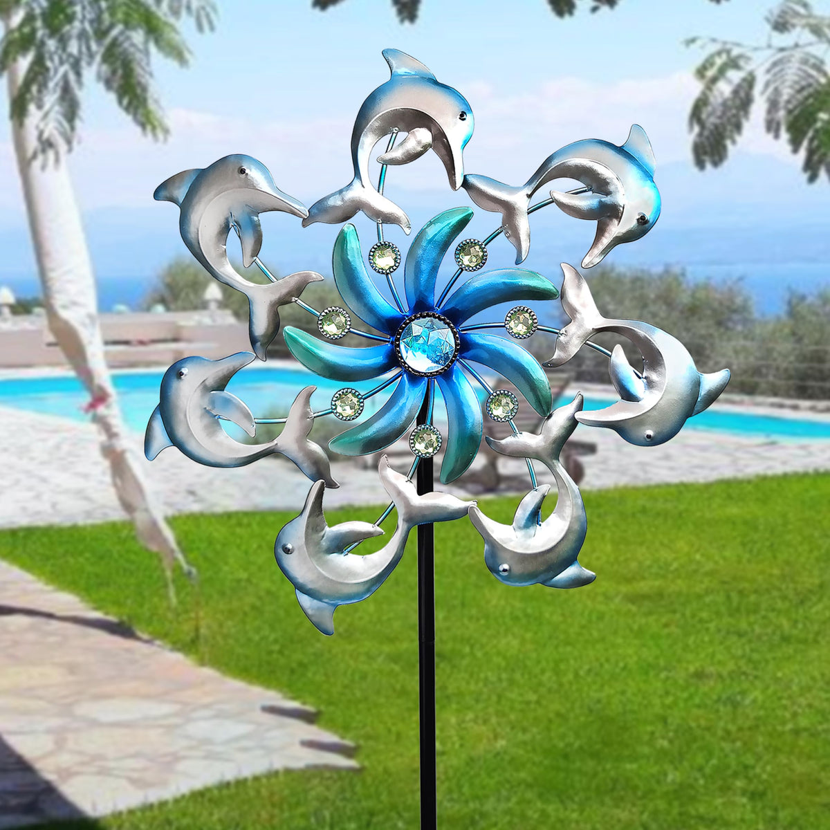 COOZZYHOUR Acrylic beads adorn the dolphin wind spinner for colorful sparkle