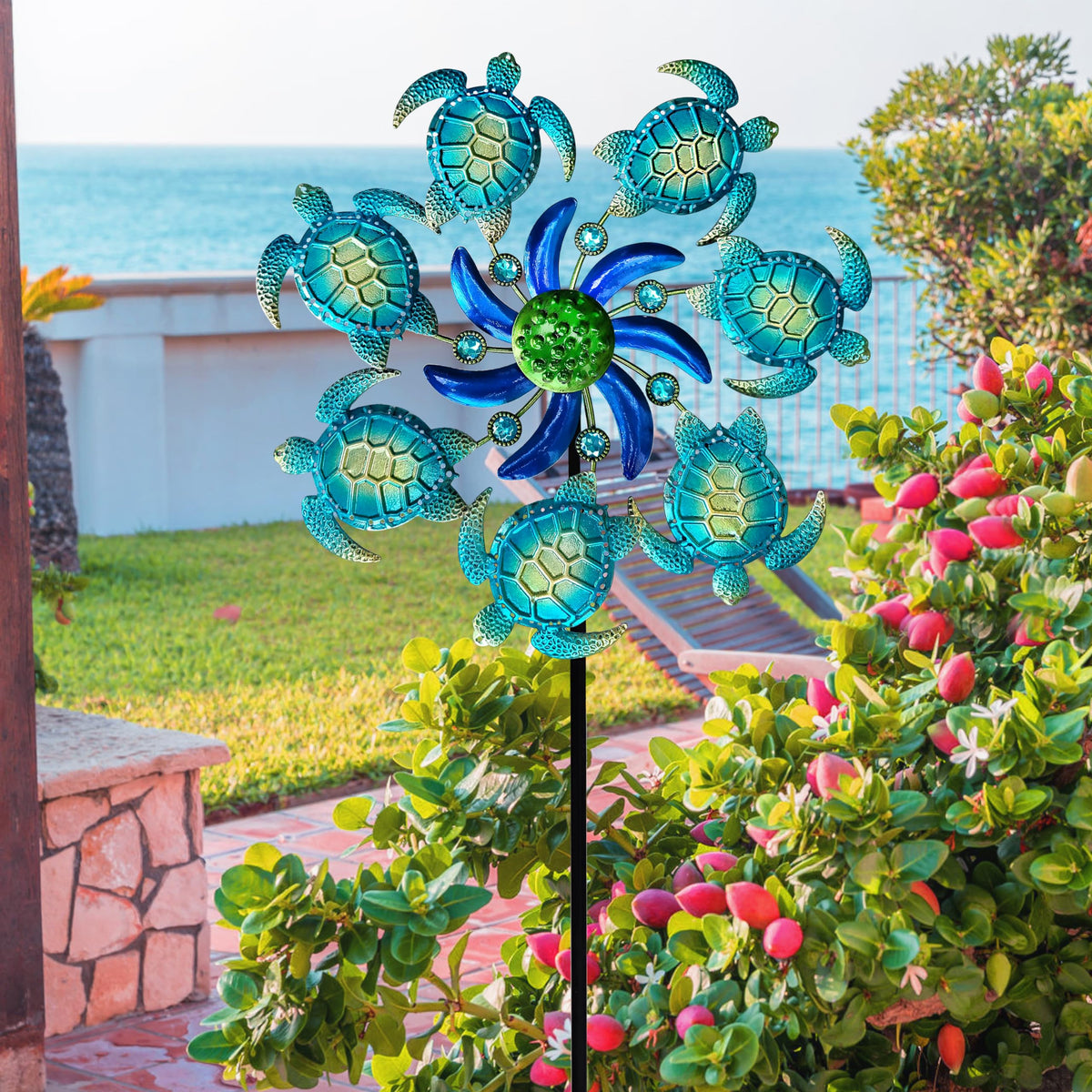 COOZZYHOUR sea turtle wind spinner stake spinning on breeze at yard