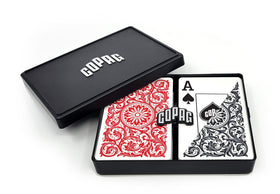 Copag 1546 Design bridge-narrow red-black double deck offers durable, smooth shuffling.