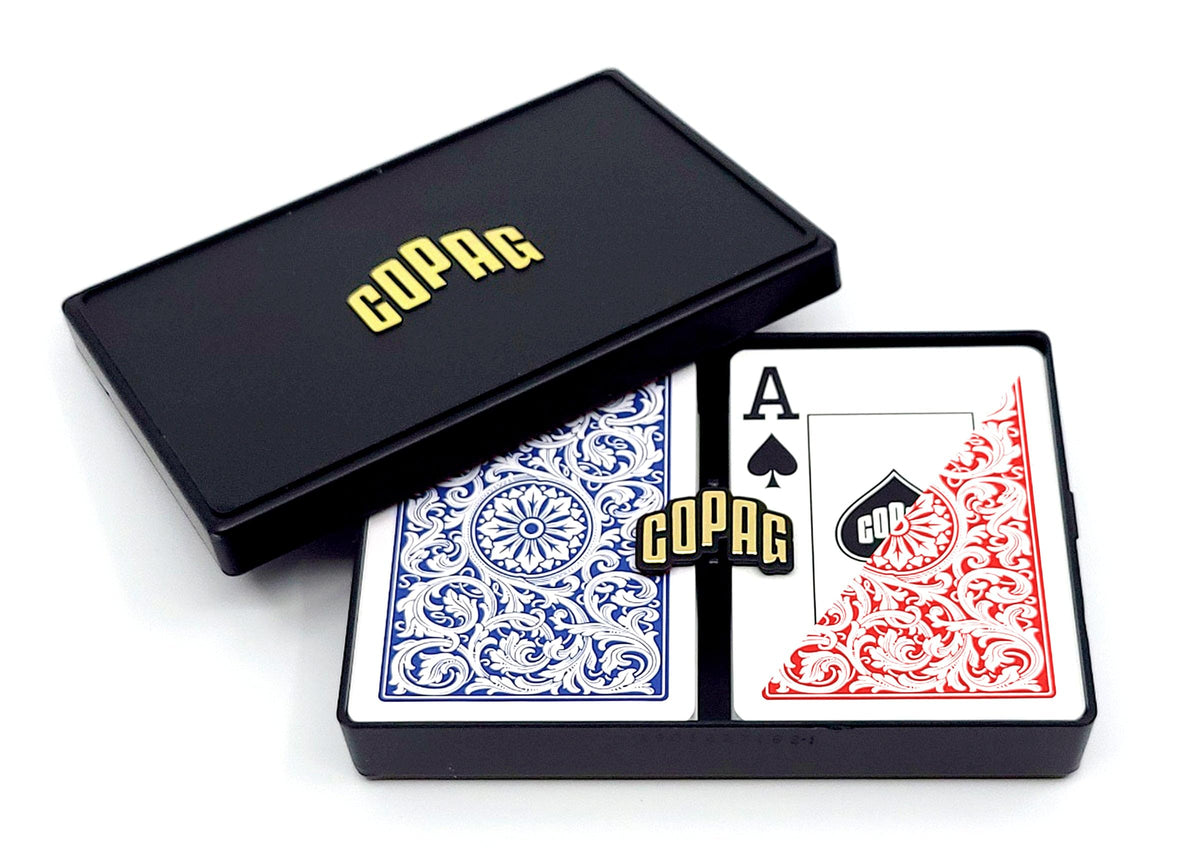 Copag 1546 plastic playing cards in a hard case for easy transport