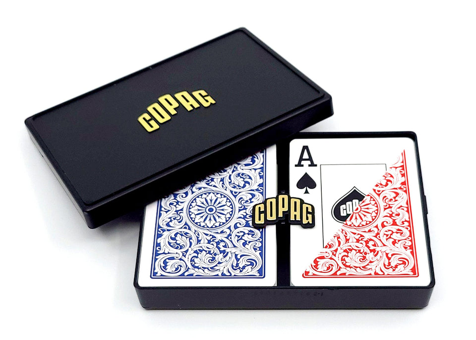 Copag 1546 plastic playing cards in a hard case for easy transport