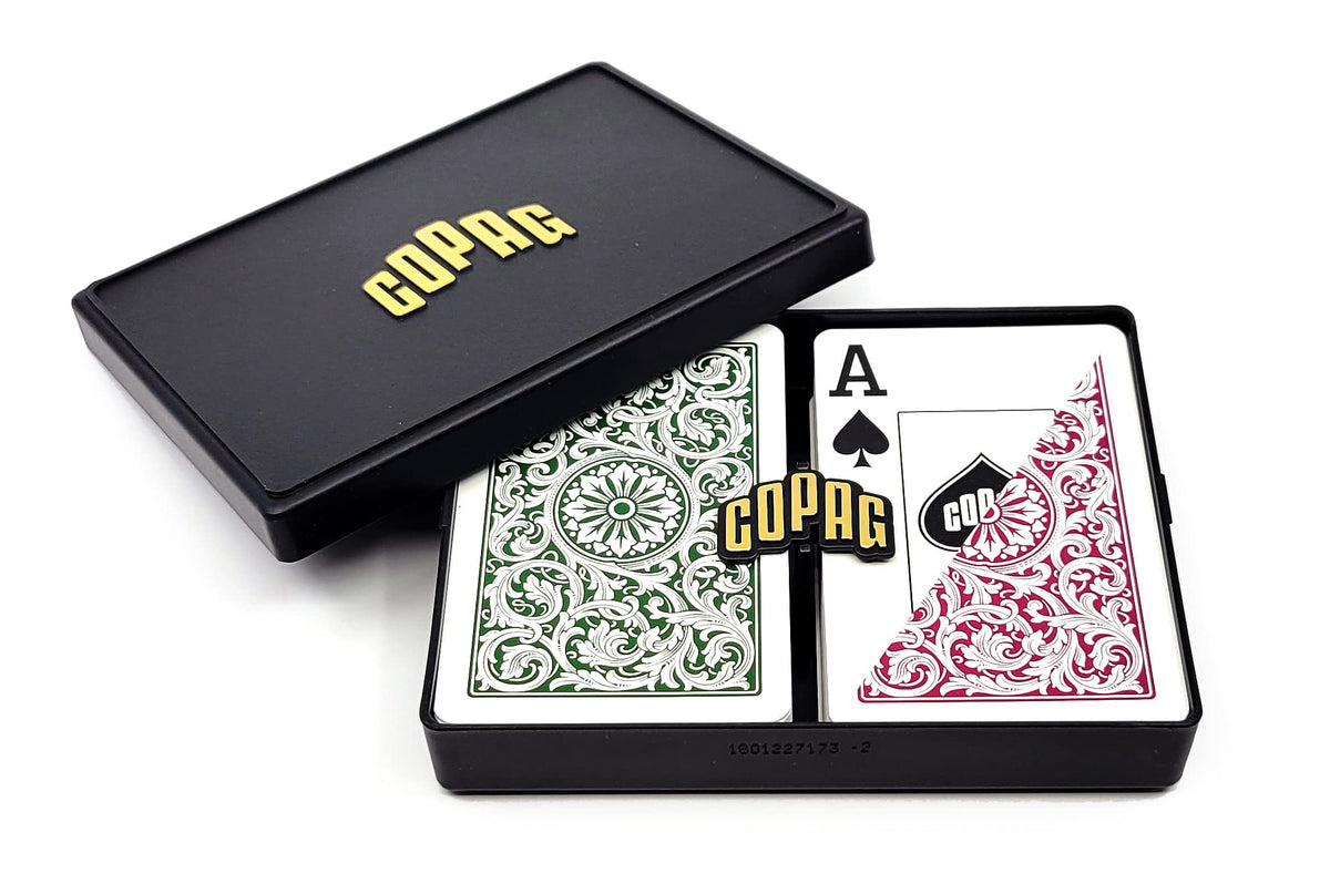 Copag 1546 Design playing cards, green and burgundy, bridge size, smooth shuffle feel.