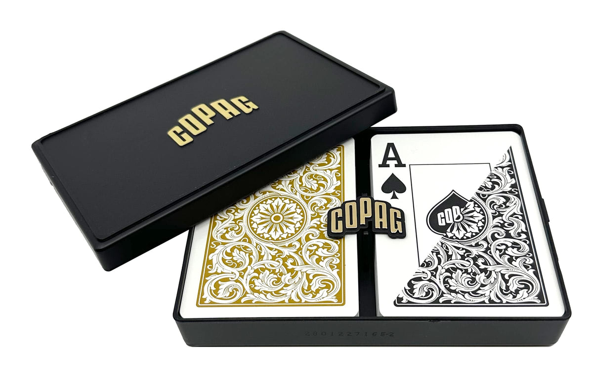 Copag 1546 poker deck in black and gold, durable for long-lasting play.