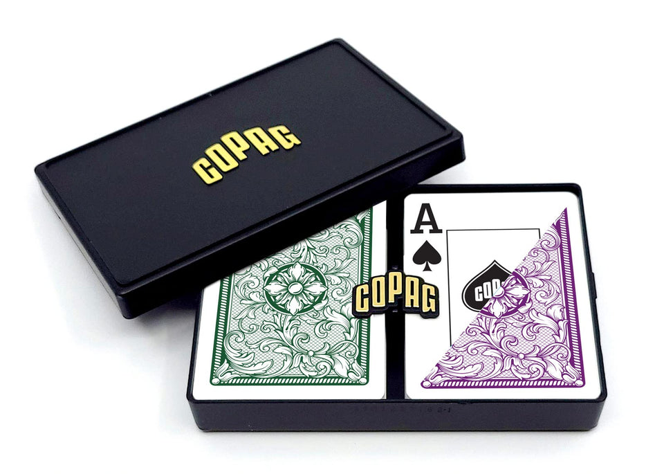 Copag Legacy green and purple plastic cards deck for smooth shuffles.