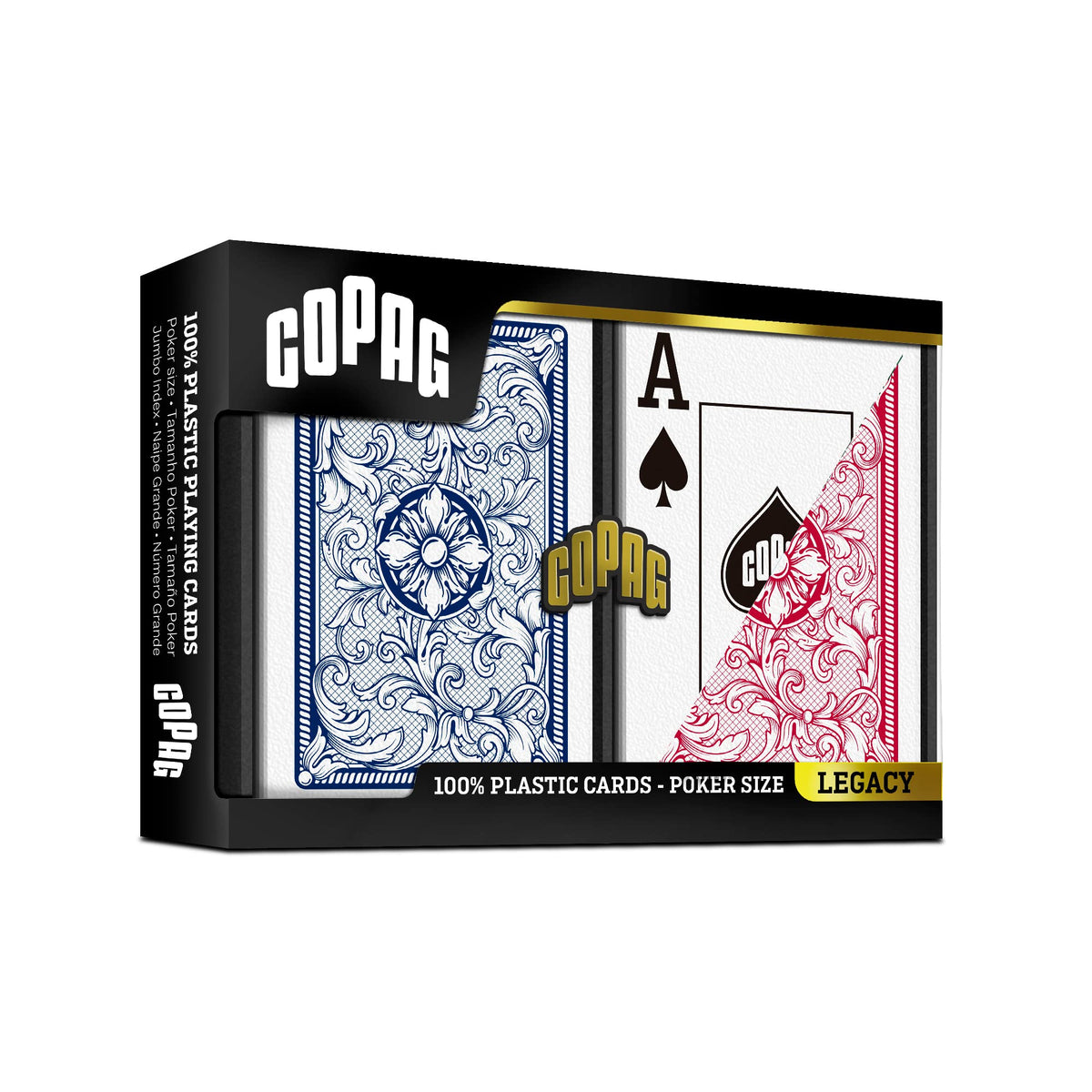Copag Legacy double-deck poker size spread ready for gameplay.