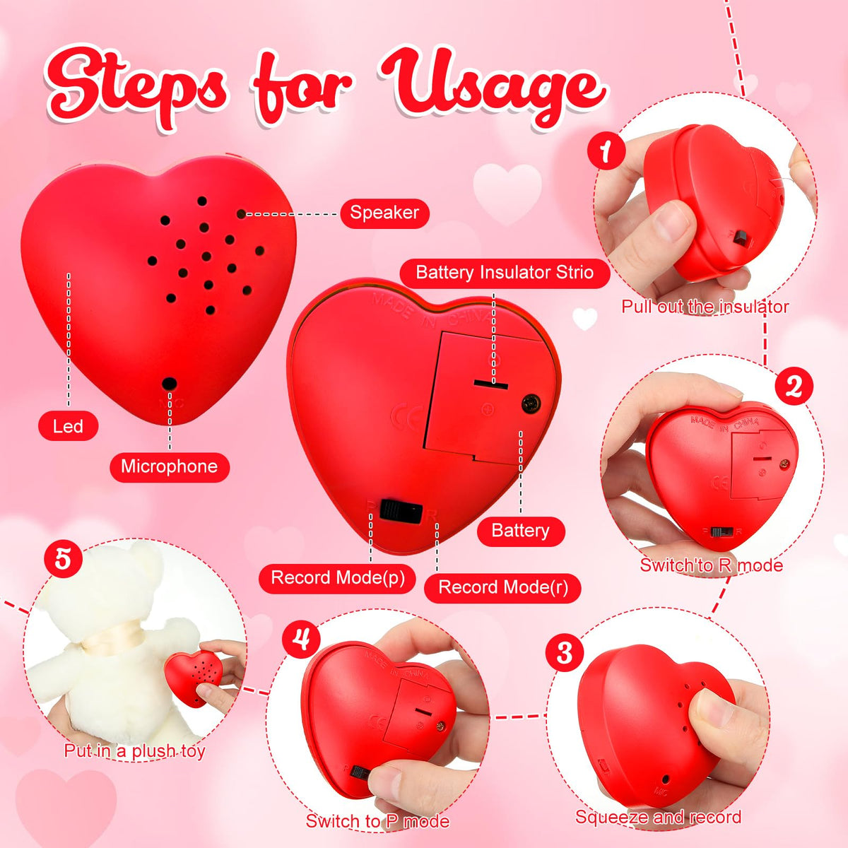 Copkim heart-shaped pink voice recorder designed for gifting plush bears